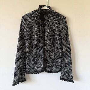 ECI New York Black White Chevron Tweed Ruffle Blazer Silk Trim Wool Blend Size 8